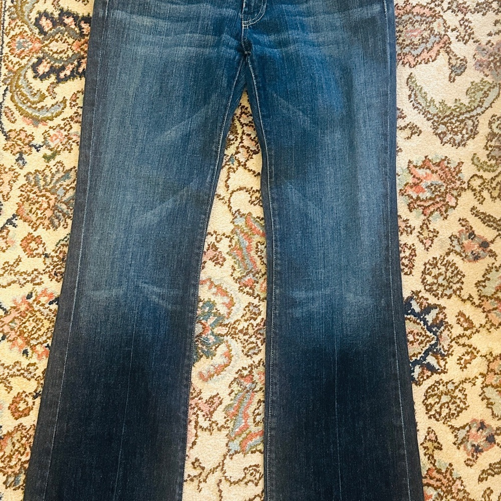 7 For All Mankind Dark Blue Boot Cut Jeans with metal accent back pockets